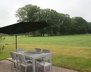 Zonnig terras van Huisje in Hierden met uitzicht op groene velden, Veluwe, Gelderland.