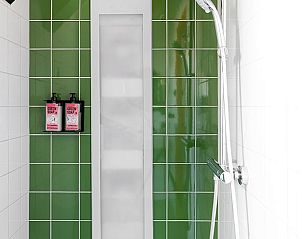 Stijlvolle douche met groene tegels in Vakantiehuis in Veessen, Veluwe, Gelderland.