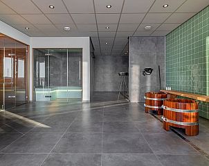 Ruime wellnessruimte in Huisje in Veessen, Veluwe, Gelderland, met sauna en houten badkuipen.