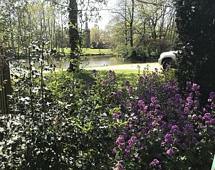 Bloeiende tuin met vijverzicht bij Harkemas Hoeve, vakantiehuis in Den Ham Gr., Groningen