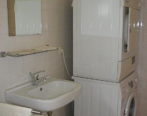 Praktische badkamer met wasmachine in Chalet Wildemansheerd, vakantiehuis in Schildwolde, Groningen.