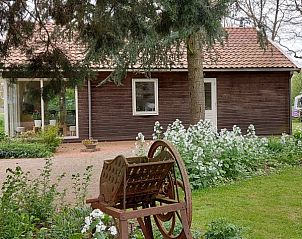 Rustieke tuin bij Chalet Wildemansheerd, vakantiehuis in Schildwolde, Groningen, met historische elementen.