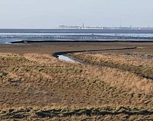 Uitgestrekt landschap bij Vakantiehuisje in Uithuizen, Groningen met water en gras.
