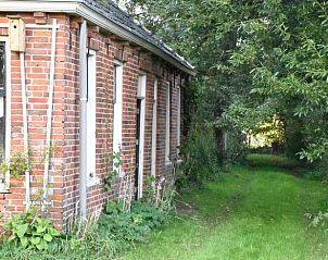 Zijaanzicht van Vakantiehuisje in Uithuizen, omgeven door bomen in Noordoost Groningen.