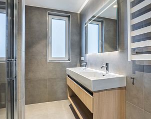 Badkamer in de Vrijstaande woning in Sellingen, vakantiehuis in Zuidoost Groningen met dubbele wastafel.