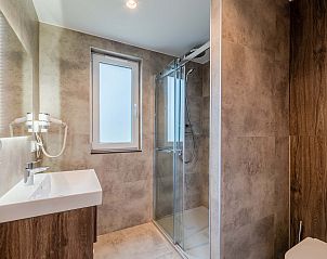 Badkamer in vakantiehuis Sellingen, Groningen met ruime douche en moderne afwerking.