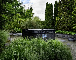 Outdoor spa bij Vakantiehuis Vosseberghuis Prestige & Outdoor Spa, Vlagtwedde, omgeven door groene planten.