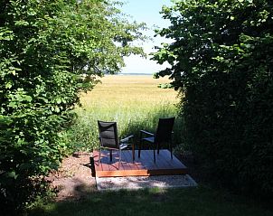 Privterras met uitzicht op velden bij Huisje in Mussel, vakantiehuis in Groningen.