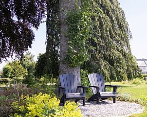 Rustieke zitplek onder een boom bij Vakantiehuisje in Kiel-Windeweer, Zuidoost Groningen, ideaal voor ontspanning in de natuur.