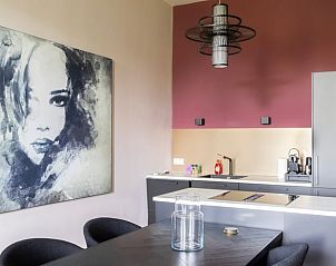 Kunstzinnige keuken in Vakantiehuisje in Kiel-Windeweer, Zuidoost Groningen, met moderne apparatuur en unieke wanddecoratie.
