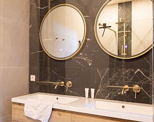 Luxe badkamer in Vakantiehuisje in Kiel-Windeweer, Zuidoost Groningen, met dubbele wastafel en elegante spiegels.