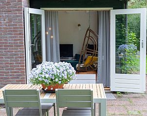 Terras met open deuren naar woonkamer in Huisje in Haren, Groningen