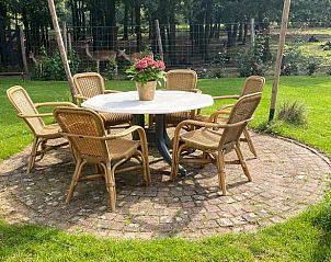 Geniet van de serene tuinomgeving bij Huisje in Well, Noord Limburg, met een gezellige buitenzitplek voor ontspanning.