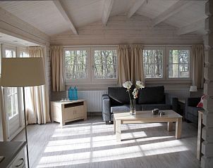 Lichte woonkamer in Vakantiehuis Fins Chalet 4 in Belfeld, Limburg met uitzicht op de natuur.