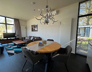 Gezellige woonkamer van Chalet in Belfeld, Noord Limburg met grote ramen en comfortabel meubilair.
