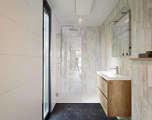 Modern bathroom in Water Cube vacation home, Maasbree, North Limburg with luxury shower and stylish washbasin cabinet for two.