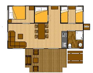 Floor plan of Glampinglodge in Maasbree, North Limburg for 8 people, with spacious indoor area and cozy terrace.