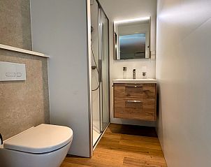 Modern bathroom in Bos Lodge, vacation home for 8 people in Maasbree, North Limburg. Stylish interior with shower and wooden accents.