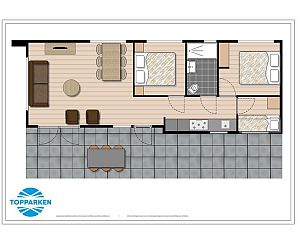 Plattegrond van Module 6 personen vakantiehuis in Schin op Geul, Zuid Limburg toont de indeling van de kamers en het terras.