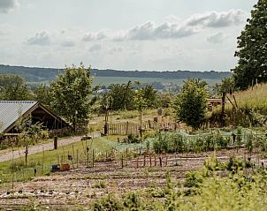Uitzicht op de tuin bij Huisje in Wahlwiller, vakantiehuis in Zuid Limburg, met groene heuvels in de verte.