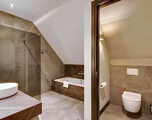 Elegante badkamer in Vakantiehuis in Milheeze, Noord Brabant, met moderne voorzieningen en ruime douche.