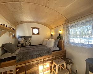 Stimmungsvolle Beleuchtung im Pipowagen het Oventje in Zeeland, De Peel, Nordbrabant mit dekorativen Pflanzen.