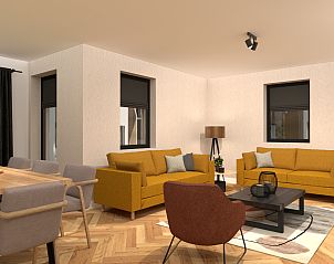 Stijlvolle woonkamer in de recreatiewoning in Bakel, De Peel, Noord Brabant met comfortabele banken en eethoek.