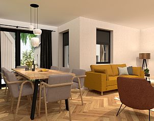 Gezellige eetkamer in de recreatiewoning in Bakel, De Peel, Noord Brabant met houten tafel en moderne verlichting.