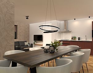 Open keuken en eetruimte in de recreatiewoning in Bakel, De Peel, Noord Brabant met eigentijds design.