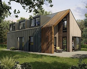 Exterieur van de recreatiewoning in Bakel, De Peel, Noord Brabant omgeven door natuur.