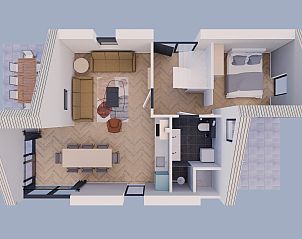 Plattegrond van de begane grond van de recreatiewoning in Bakel, De Peel, Noord Brabant.