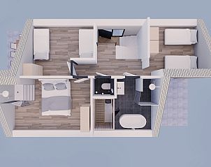 Plattegrond van de bovenverdieping van de recreatiewoning in Bakel, De Peel, Noord Brabant.