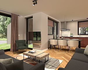 Stijlvolle woonkamer van Recreatiewoning in Bakel, De Peel, Noord Brabant met open keuken en veel lichtinval.