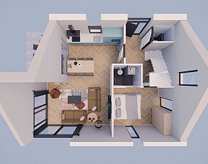 Plattegrond van begane grond Recreatiewoning in Bakel, De Peel, Noord Brabant, vakantiehuisindeling.