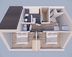 Bovenverdieping plattegrond van Recreatiewoning in Bakel, De Peel, Noord Brabant met slaapkamers en badkamer.