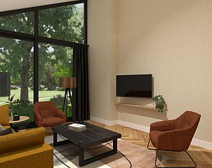 Stijlvolle zithoek in vakantiehuis Recreatiewoning, Bakel, met uitzicht op groene omgeving.