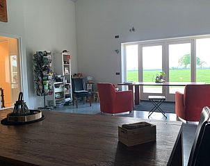 Ruime woonkamer met grote ramen in Vakantiehuis in Deurne, biedt prachtig uitzicht op de natuur in De Peel, Noord Brabant.