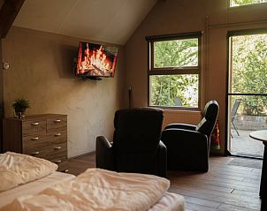 Relaxed living room in Holiday Home in Bergeijk with comfortable armchairs and a cozy fireplace.