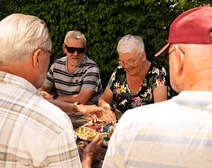 Vrienden spelen een spel in de buitenlucht bij Vakantiehuisje in Bergeijk, Noord Brabant.
