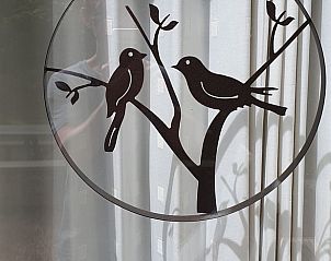 Decoratieve vogelafbeelding op raam van Vakantiehuisje in Eersel, Noord Brabant.