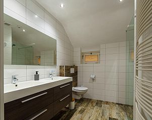 Luxe badkamer met dubbele wastafel in Achter de Vijf Linden, vakantiehuis in Knegsel.