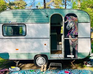 Unieke caravan met kleurrijke decoratie bij Vakantiehuis in Liempde, perfect voor een creatieve vakantie in Hart van Brabant, Noord Brabant.