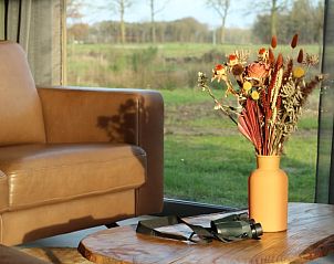Gezellige zithoek in Vakantiehuis in Moergestel met bloemen en uitzicht op de natuur, Noord Brabant.