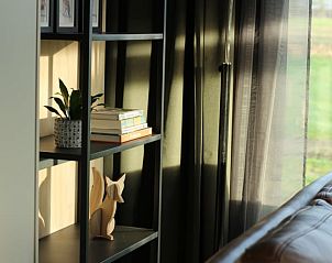 Boekenkast in Vakantiehuis in Moergestel met decoratieve elementen en uitzicht op de natuur, Noord Brabant.
