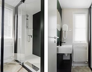 Moderne badkamer in Mobil home Lofoten, een stacaravan in Chaam, Hart van Brabant, Noord Brabant, met luxe douche en stijlvolle wastafel.