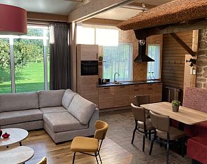 Gezellige woonkamer in Vakantiehuis in Schaijk, Noordoost Brabant met moderne keuken en uitzicht op de tuin.