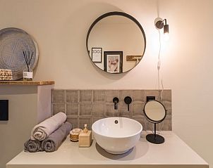 Badkamermeubel in Huisje in Beers, vakantiehuis in Beers NB, Noordoost Brabant, met moderne wastafel en stijlvolle accessoires.