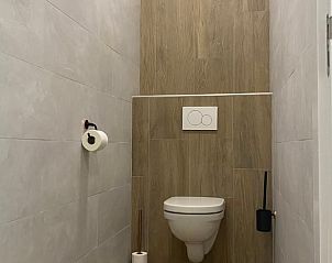 Modern toilet in de badkamer van Huisje in Beers, vakantiehuis in Beers NB, met strakke afwerking.