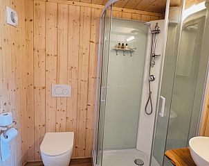Moderne badkamer in Vakantiehuis in Ledeacker, voorzien van douche en houten afwerking.