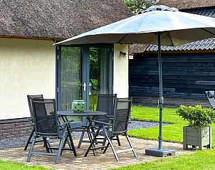 Buitenterras met parasol in Villa de Argento vakantiehuis, Alphen, Noord Brabant.